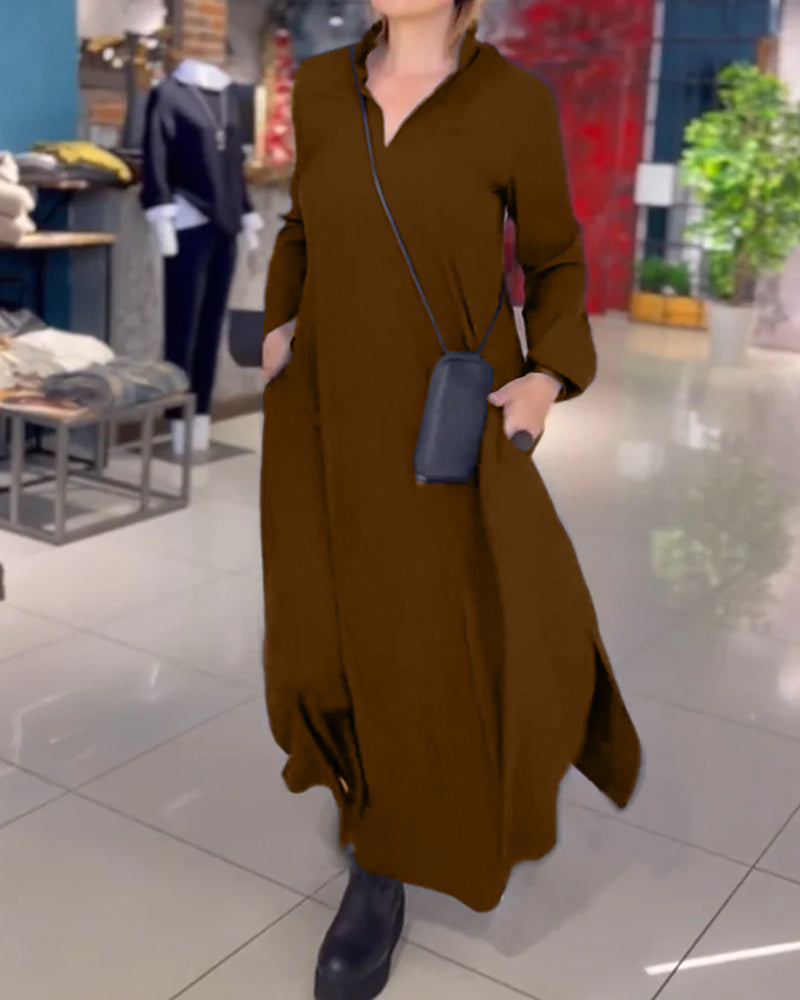 Evia | Loose-fitting maxi dress with lapels and side slit