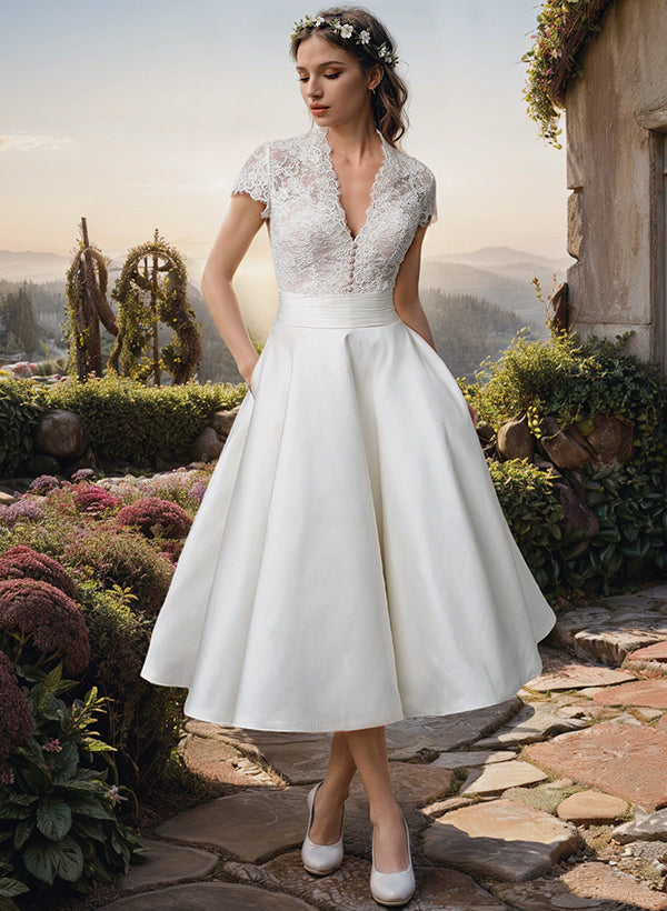 Diana | Elegant V neck midi wedding dress