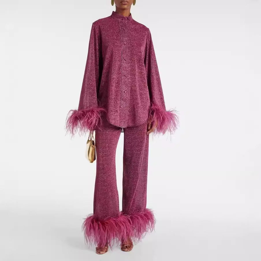 Liya | Feather Collar Two-Piece Set