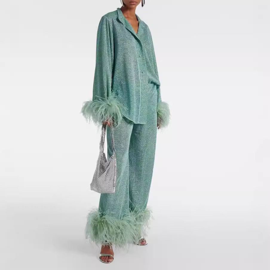 Liya | Feather Collar Two-Piece Set